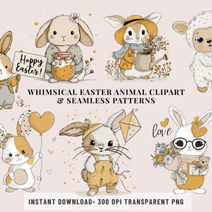 May include: A collection of whimsical Easter animal clipart and seamless patterns. The image features illustrations of bunnies, a lamb, and other Easter-themed elements. The text "Hoppy Easter!" is visible. The overall color palette includes soft pastels and warm tones.