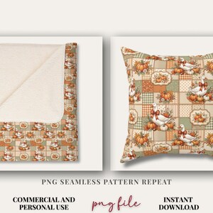 Autumn Seamless Design Farmhouse Style Pattern Digital File Fall Patchwork Collection White Geese Pumpkin Floral Design Orange Cream Sage Green Rust Color Palette Gingham Polka Dot Elements Thanksgiving Craft Pattern Tote Bag Design