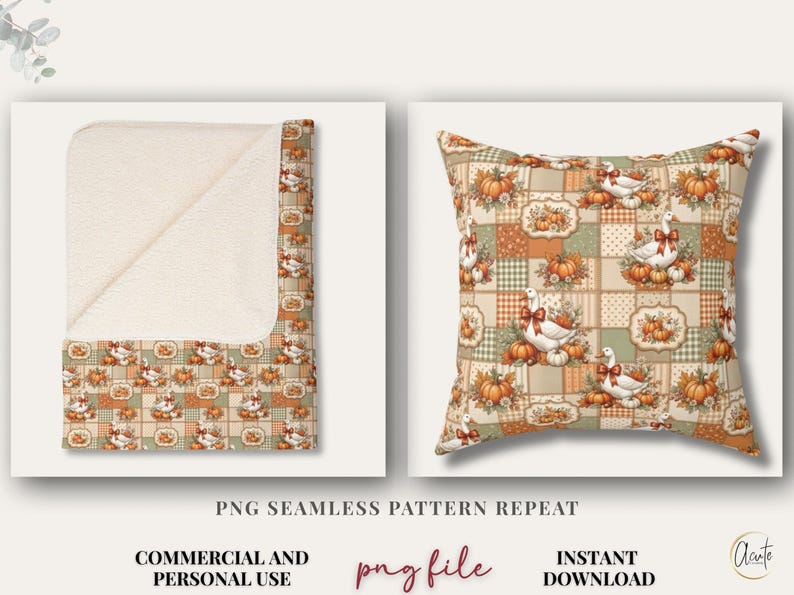 Autumn Seamless Design Farmhouse Style Pattern Digital File Fall Patchwork Collection White Geese Pumpkin Floral Design Orange Cream Sage Green Rust Color Palette Gingham Polka Dot Elements Thanksgiving Craft Pattern Tote Bag Design