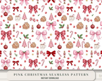 Pink Christmas Seamless Pattern Coquette Bows Nutcracker Xmas Gingerbread Watercolor Digital Paper