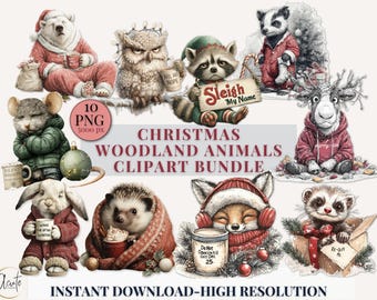 Christmas Woodland Animals Clipart Bundle 10 High‑Res PNG Files 300 DPI Commercial Use
