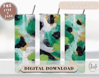 Abstract Green Leopard Tumbler PNG Gold Foil Brushstroke Sublimation Design Impasto Textured Wrap