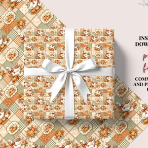 Farmhouse Quilt Design Fall Patchwork Pattern Seamless Digital File Autumn Craft Collection White Geese Pumpkin Floral Elements Orange Cream Sage Green Rust Gingham Polka Dots Thanksgiving Tote Bag Pattern Harvest Season Decor Fabric Print