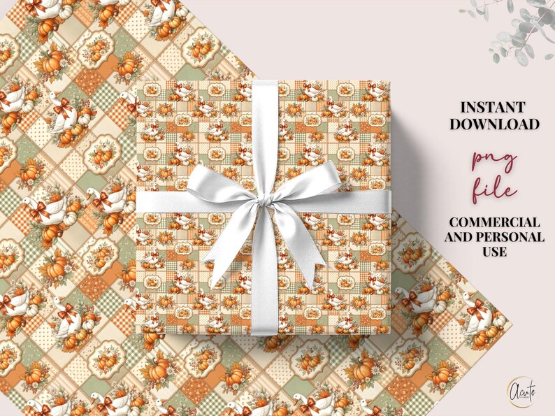 Farmhouse Quilt Design Fall Patchwork Pattern Seamless Digital File Autumn Craft Collection White Geese Pumpkin Floral Elements Orange Cream Sage Green Rust Gingham Polka Dots Thanksgiving Tote Bag Pattern Harvest Season Decor Fabric Print