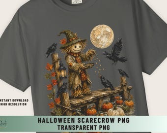 Retro Halloween Scarecrow Witch Hat Full Moon Png Transparent Background Autumn Sublimation Design File Digital Download Graphic Tshirt