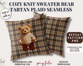 Maglione orsacchiotto Clipart PNG Tartan neutro Plaid Motivo senza cuciture Natale Sublimazione