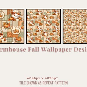 May include: A digital wallpaper design featuring a repeating pattern of white geese wearing orange bows, pumpkins, and autumn foliage on a patchwork background of beige, orange, and green plaid and polka dot squares. Text reads Farmhouse Fall Wallpaper Design.