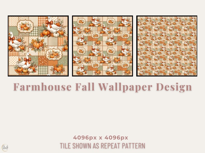 May include: A digital wallpaper design featuring a repeating pattern of white geese wearing orange bows, pumpkins, and autumn foliage on a patchwork background of beige, orange, and green plaid and polka dot squares. Text reads Farmhouse Fall Wallpaper Design.