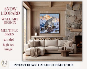 Snow Leopard Wall Art Printable Mountain Wildlife Painting Winter Animal Art