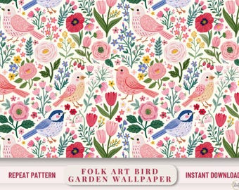 Folk Art Wallpaper Birds Flowers Botanical Pattern Nursery Design Bedroom Background Digital Download Printable File Instant Access Baby