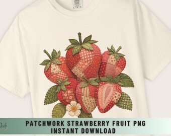 Patchwork Strawberry Fruit Graphic Transparent Png High Res Image Vintage Strawberry Clipart Farmhouse Kitchen Printable Quilted Design Folk
