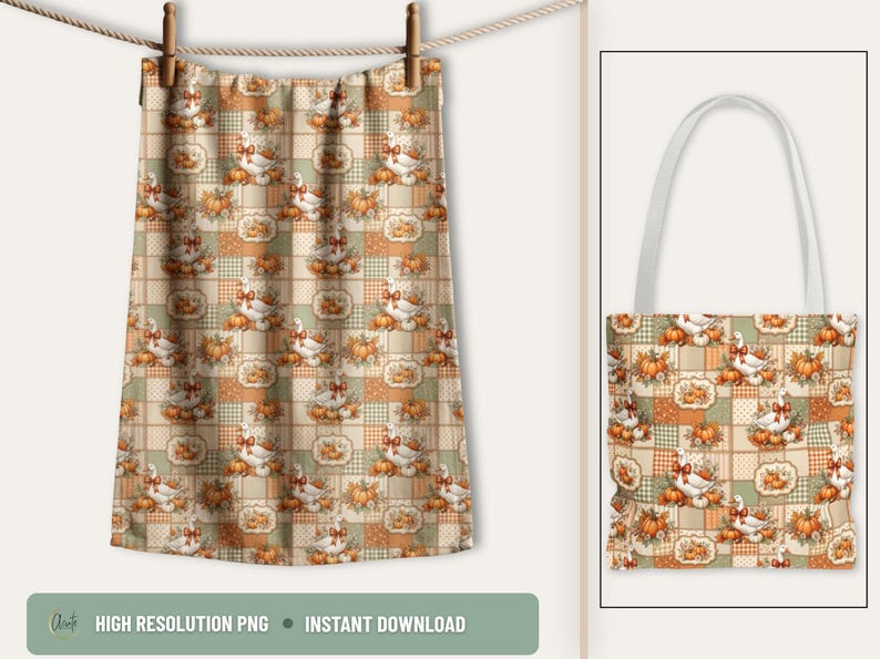 Harvest Season Pattern Fall Patchwork Seamless Design Digital Download Farmhouse Style Collection Autumn Craft Pattern White Geese Orange Pumpkin Cream Pumpkin Daisy Flowers Rust Bows Gingham Print Polka Dots Thanksgiving Decor Tote Bag