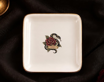 Personalized gothic serpent jewelry dish custom name keepsake tray  witchy snake and rose decor dark moody gift