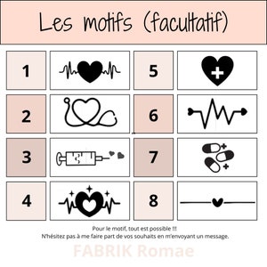 May include: A chart with eight different heart-themed designs. The designs include a heart with a stethoscope, a heart with a cross, a heart with a syringe, a heart with a heartbeat line, a heart with a heartbeat line and stars, a heart with a heartbeat line, a heart with pills, and a heart with a line under it.