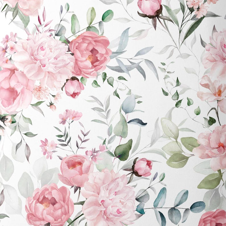 May include: A watercolor floral pattern featuring pink peonies and eucalyptus leaves on a white background.