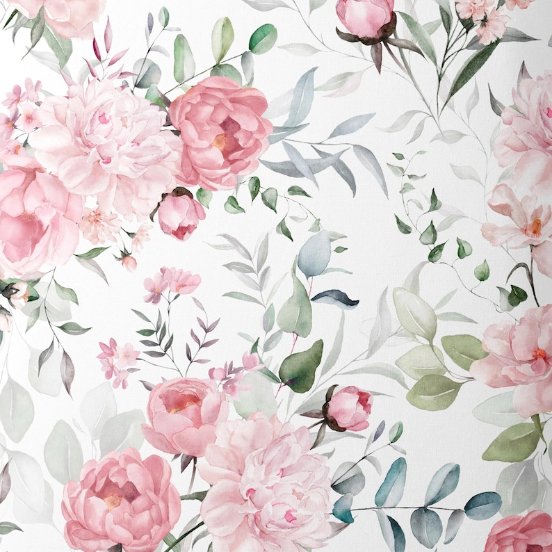 May include: A watercolor floral pattern featuring pink peonies and eucalyptus leaves on a white background.