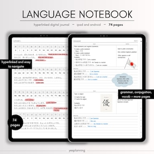 Puede incluir: Un cuaderno de idiomas digital mostrado en dos pantallas de tableta. La pantalla izquierda muestra tablas del alfabeto japonés y práctica de oraciones. La derecha presenta reglas gramaticales, un icono de bandera japonesa y el kanji de amabilidad. El texto incluye LANGUAGE NOTEBOOK, hyperlinked digital journal, ipad and android, 74 pages y yesplanning.