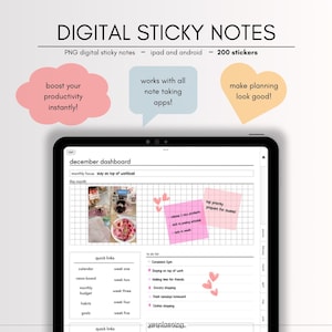 Pode incluir: Notas adesivas digitais para iPad e Android. A imagem mostra a tela de um tablet com um painel digital e notas adesivas rosa. O texto inclui "aumente sua produtividade instantaneamente!" e "faça o planejamento parecer bom!"