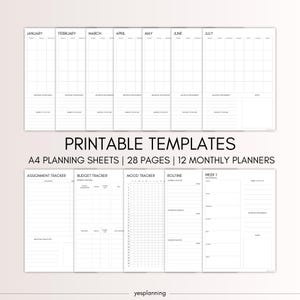 May include: Printable A4 planning sheets with 12 monthly planners, an assignment tracker, budget tracker, mood tracker, routine planner, and a weekly planner.