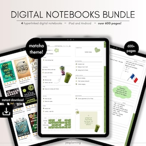 May include: Digital notebooks bundle with a matcha theme, featuring over 600 pages. The image shows a tablet displaying a digital notebook with a weekly planner, and other notebooks with book covers. Includes instant download.