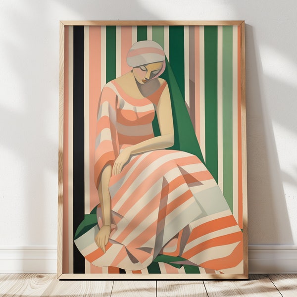 Art Deco Inspired Pink and Sage Green Painting of a Woman, Tamara de Lempicka Style - instant digital download, five aspect ratios included