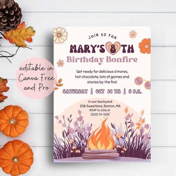 Retro Birthday Bonfire Invitation, Backyard Campfire Pink Template, Editable Pink Groovy Invite