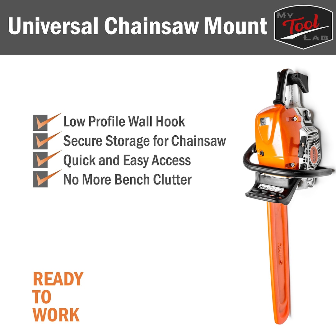 Universal Chainsaw Wall Mount Hook Low Profile, Secure, Strong, Hanging