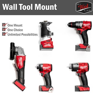 May include: A wall-mounted tool holder with four different tools: a red and black cordless drill, a red and black impact driver, a red and black angle grinder, and a red and black router. The holder is made of black plastic and has a metal hook for hanging the tools. The text "MY TOOL LAB" is in the upper right corner of the image.