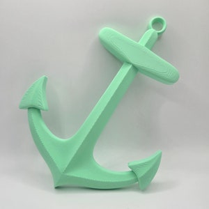 May include: A mint green anchor made of plastic. The anchor has a loop at the top and two points at the bottom.