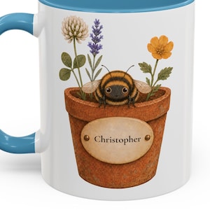 Taza personalizada con diseño de maceta y abejorro / Taza de café decorativa