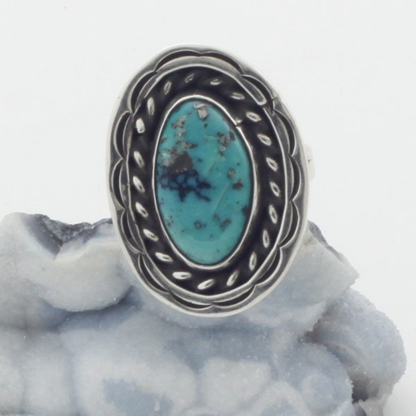 Natural Old Kingman Turquoise Cabochon , Fabricated Sterling Silver Ring