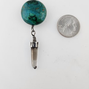 Ciondolo pendente in argento sterling fatto a mano, cristallo di quarzo fumé naturale del New Mexico, perlina rondella di crisocolla/malachite da 25 mm
