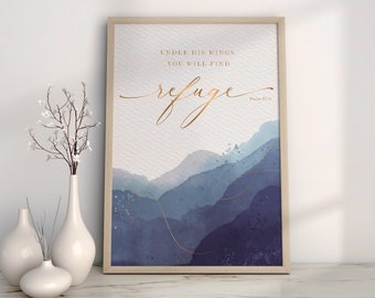 Refuge in God, Psalm 91:4, Bible Digital Art print, Jesus Wall Art, Modern Christian decor, watercolor bible verse printable