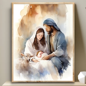 Nativity The Virgin Mary, Joseph and Jesus, Bible digital art, watercolor illustration Jesus printable wall art Christian nursery decor