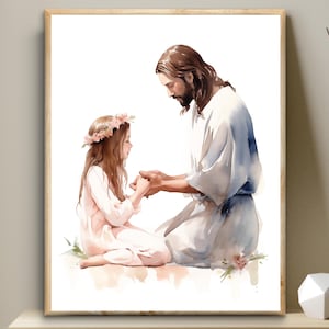 LDS baptism, Jesus with a girl child printable, Digital Print, Wall Art, LDS primary, First Communion gift for girl; Jesus art download