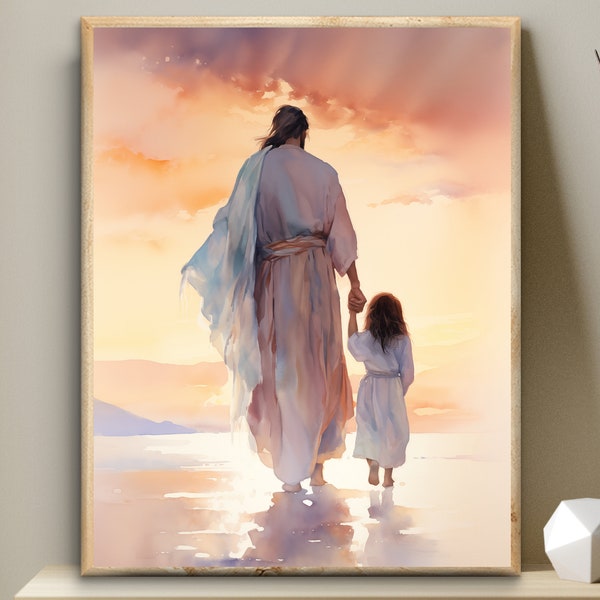 Jesus Christ leads a little girl, Jesus Bible Digital Art, Jesus illustration, Modern Christian Wall Art, Mother gift, LDS art, Child of God