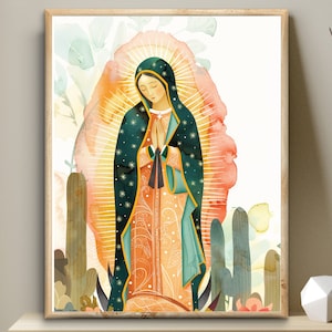 Onze Lieve Vrouw van Guadalupe, Heilige Maagd Art Bijbel digitale kunst, wilde bloemen volkskunst Moeder Maria afdrukbare muurkunst, christelijk modern decor