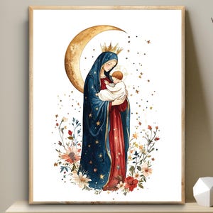 Virgen de Chiquinquira, Arte Santísima Virgen, Arte digital bíblico, ilustración en acuarela Madre María, arte de pared imprimible, decoración cristiana moderna
