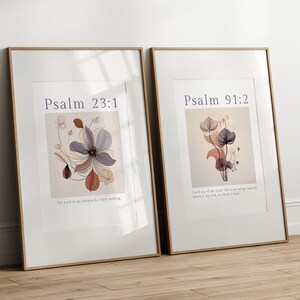 Set of 2 Christian Prints, Psalm 23 Psalm 91, Modern Christian Decor, Christian Floral Printable, Bible Digital Print, Scripture Printable