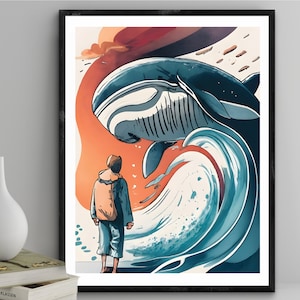 Jonah and the whale wall art, Bible digital art, Bible ink Sketch, Christian modern, Jesus art, Jonah great fish, Scripture art printable