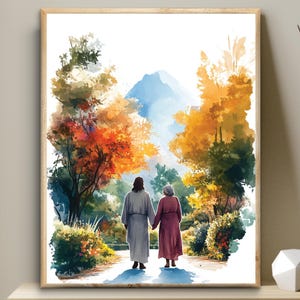 Jesus with a senior woman, transitioning art printable, Bible Digital Print, remembrance Wall Art, loss of wife, mother grandmother, LDS art