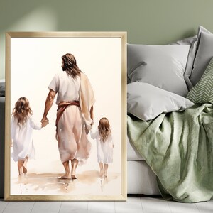 Jesus walking with a little girl and older sister watercolor in beige and pink