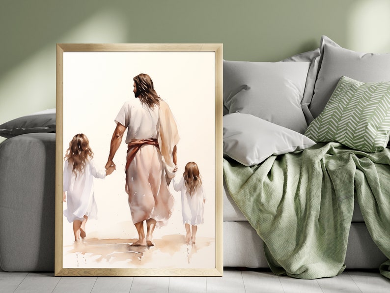 Jesus walking with a little girl and older sister watercolor in beige and pink