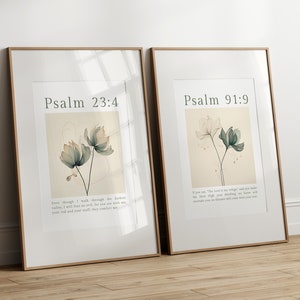 Elegant Set of 2 Christian psalms 23 and 91, Modern Christian Decor, Christian Floral Scripture Printable, Bible Digital Print, gift for her
