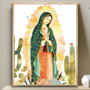 Our Lady of Guadalupe, Blessed Virgin Art Bible digital art, wildflowers folk art Mother Mary printable wall art, Mexican modern decor