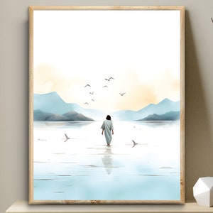 Pode incluir: Uma pintura em aquarela de uma pessoa caminhando sobre a água com pássaros voando acima. O fundo é uma paisagem azul e branca com montanhas ao longe.