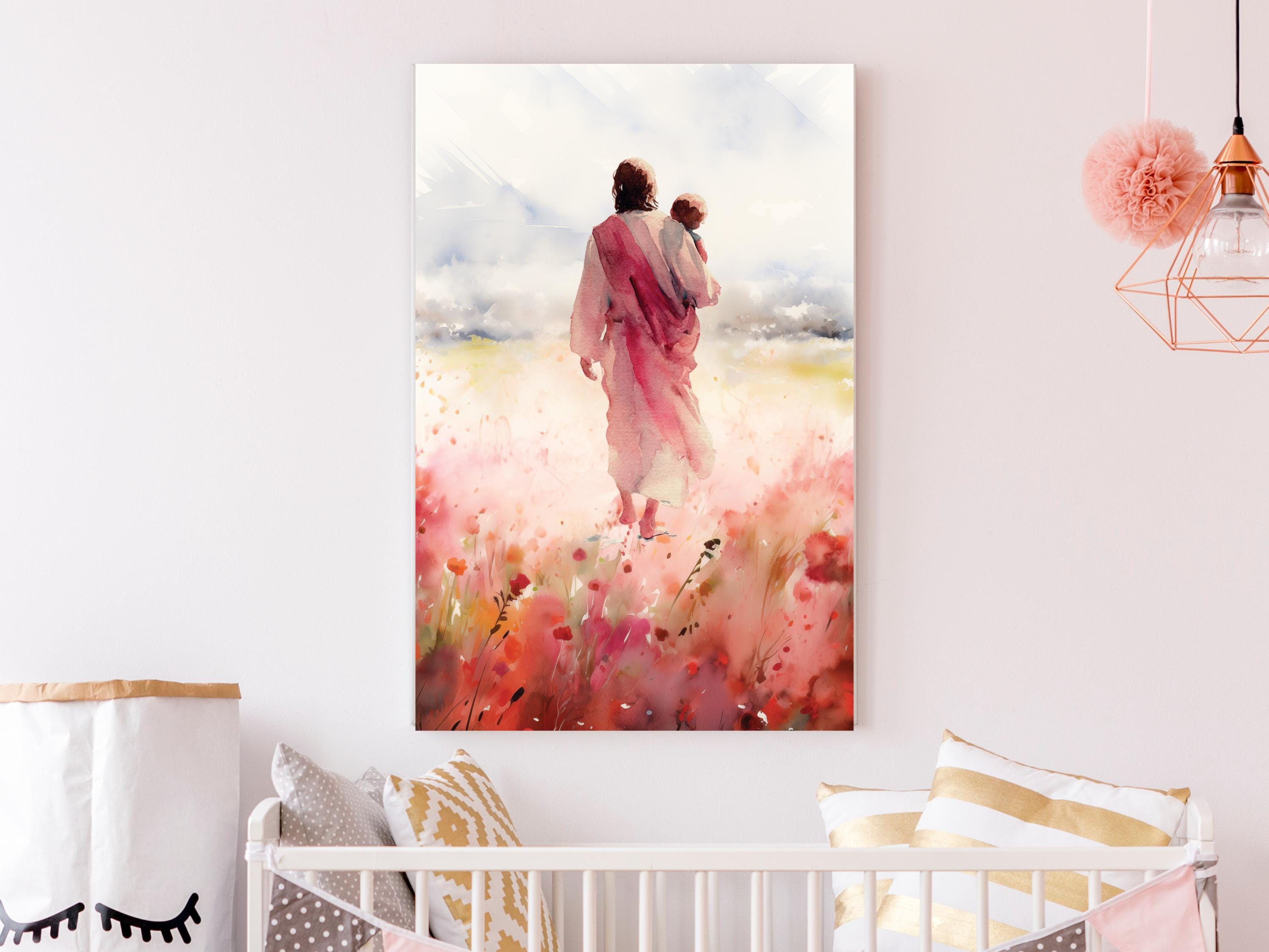 Jesus Carrying a Baby Pink Wall Art, Christian Nursery Poster, Digital ...