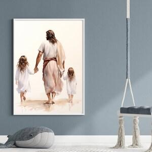 Jesus walking with a little girl and older sister watercolor in beige and pink