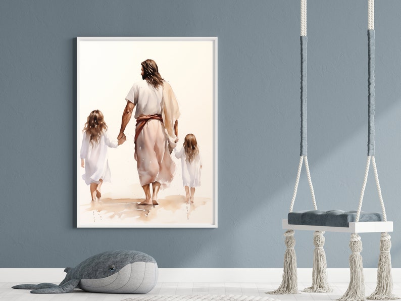 Jesus walking with a little girl and older sister watercolor in beige and pink