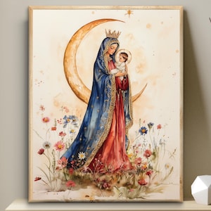 Virgen de Chiquinquira, Arte Santísima Virgen, Arte digital bíblico, ilustración en acuarela Madre María, arte de pared imprimible, decoración cristiana moderna